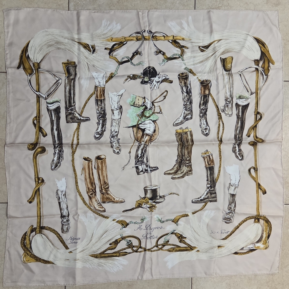 Hermes Scarf "Propos de Bottes" by Xavier De Poret Vintage 90cm Silk